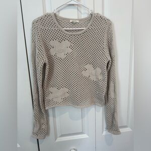 Z Supply Open-Knit Crew Sweater in Light Taupe with Flower Appliques